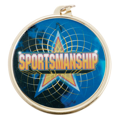 2-1/4 Inch in Diameter Round Gold 'Sportmanship' Medal with Mylar Front Detailing and Customizable Back