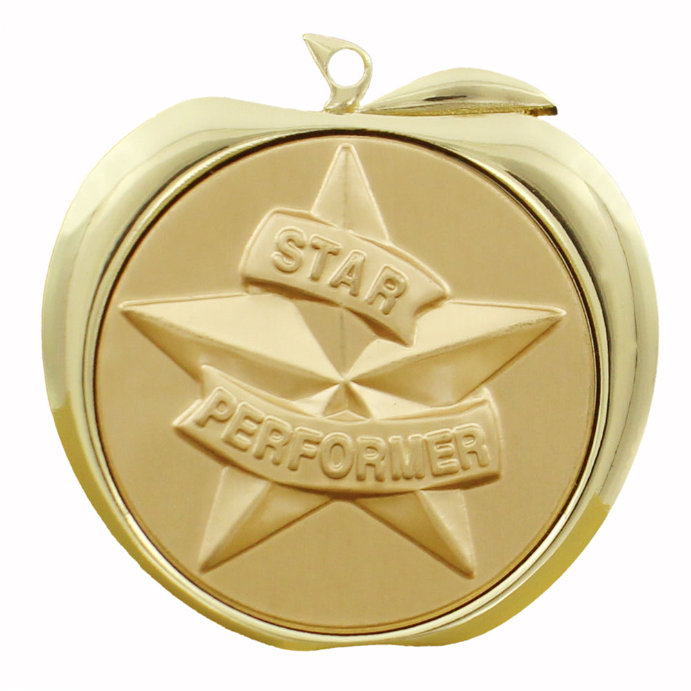 2 Inch Star Performer Themed Apple Medal in Gold, Silver, or Bronze