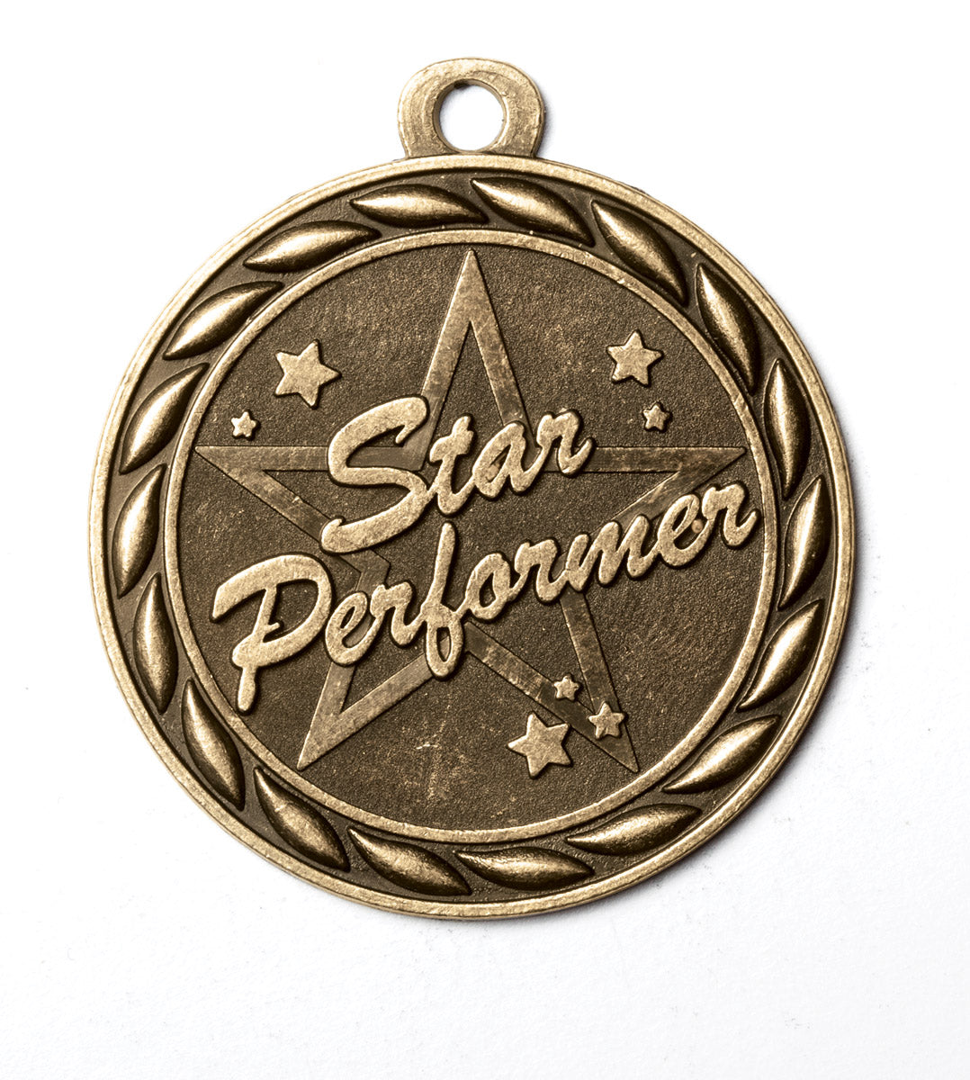 Metal 2-Inch in Diameter Round Star Performer Medal with Customizable Back in Antique Brass
