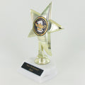 STAR TROPHY WITH 2 INCH MYLAR, 8 INCH HEIGHT, WHITE BASE, BLACK PLATE