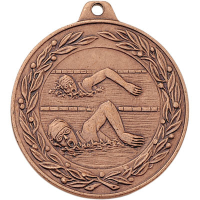 2 Inch Die-Struck Womens Swimming Medal with Antique Finish in Gold, Silver, or Bronze