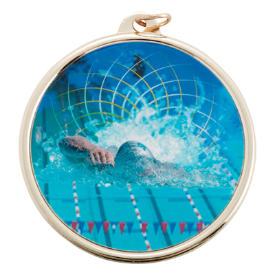 2-1/4 Inch in Diameter Round Swimming Sports Medal in Gold and Mylar with Customizable Back