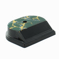 SYNTHETIC MARBLEIZED BLACK AND GOLD TROPHY BASE. 1 HOLE COUNTER SUNK. SIZE 4 1/4 INCH X 3 1/2 INCH X 1 1/8 INCH. HOLDS 3 INCH X 7/8 INCH PLATE.