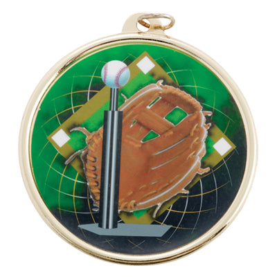2-1/4 Inch in Diameter Round Gold and Mylar T-Ball Themed Sports Medal with Customizable Back