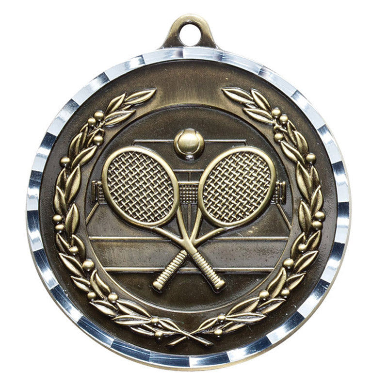 2 Inch Diamond-Engraved Brass Tennis Medal in Gold, Silver, or Bronze with Customizable Back