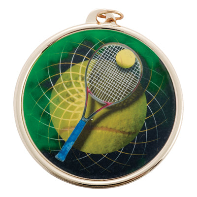 2-1/4 Inch in Diameter Round Gold Tennis Themed Multicolored Mylar Medal with Customizable Back