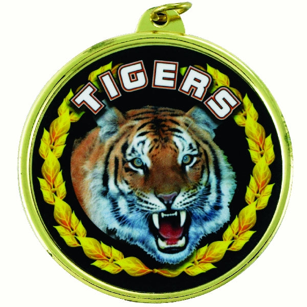 2-1/4 Inch in Diameter Round 'Tigers' Sports Medal in Gold with Mylar Detailing and Customizable Back