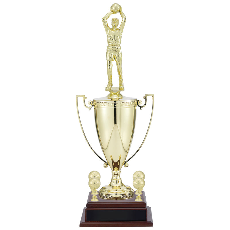 25-3/4 INCH MALE BASKETBALL PLAYER WITH 13 INCH GOLD CUP, FIGURE, AND TRIMS