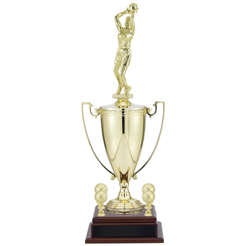 25-3/4 INCH FEMALE BASKETBALL PLAYER WITH 13 INCH GOLD CUP, FIGURE, AND TRIMS