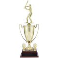 24-3/4 INCH FEMALE SOFTBALL PLAYER TROPHY WITH 13 INCH GOLD CUP, FIGURE, AND TRIMS