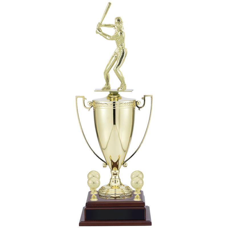 24-3/4 INCH FEMALE SOFTBALL PLAYER TROPHY WITH 13 INCH GOLD CUP, FIGURE, AND TRIMS