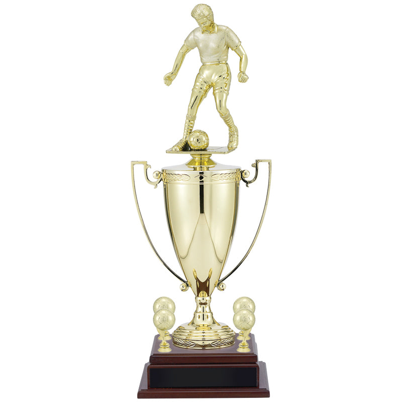 23-3/4 INCH MALE SOCCER PLAYER TROPHY WITH 13 INCH GOLD CUP, FIGURE, AND TRIMS