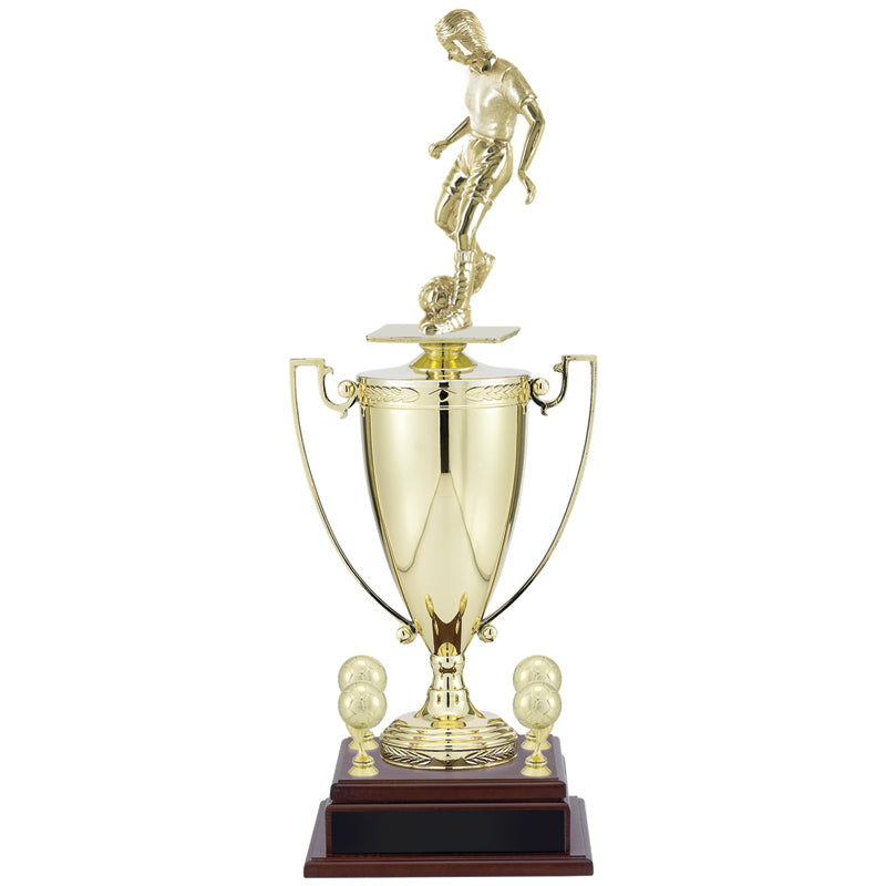 23-3/4 INCH FEMALE SOCCER PLAYER TROPHY WITH 13 INCH GOLD CUP, FIGURE, AND TRIMS