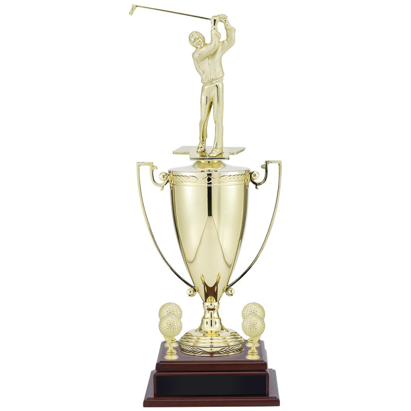 23-3/4 INCH MALE GOLFER TROPHY WITH 13 INCH GOLD CUP, FIGURE, AND TRIMS