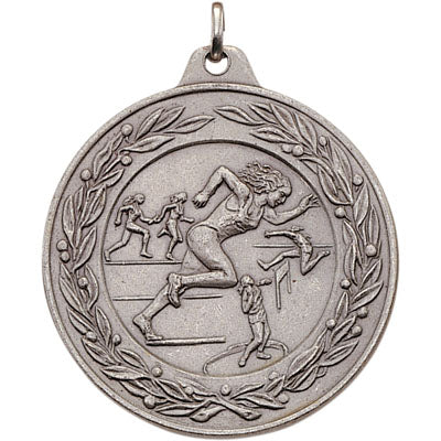 2 Inch Die-Struck Womens Track and Field Medal with Antique Finish in Gold, Silver, or Bronze