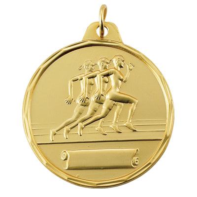 1-1/2 Inch Womens Track Themed Medal in Gold, Silver, or Bronze with Customizable Back