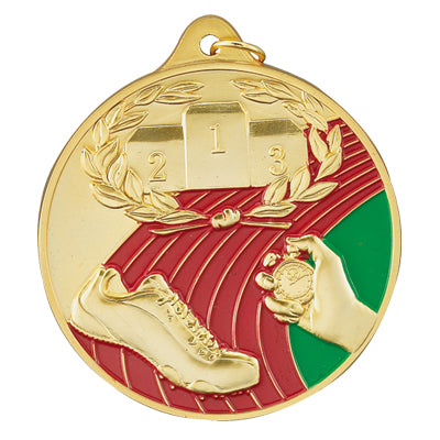 2-1/2 Inch Enameled Die-Cast Track Themed Medal in Gold, Silver, or Bronze
