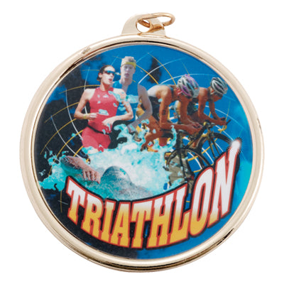2-1/4 Inch in Diameter Round Gold and Mylar Detailed Triathalon Medal with Customizable Back