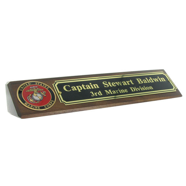GENUINE WALNUT DESK BLOCK U.S. MARINE CORPS. MEDALLION WITH BLACK SCREENED PLATE