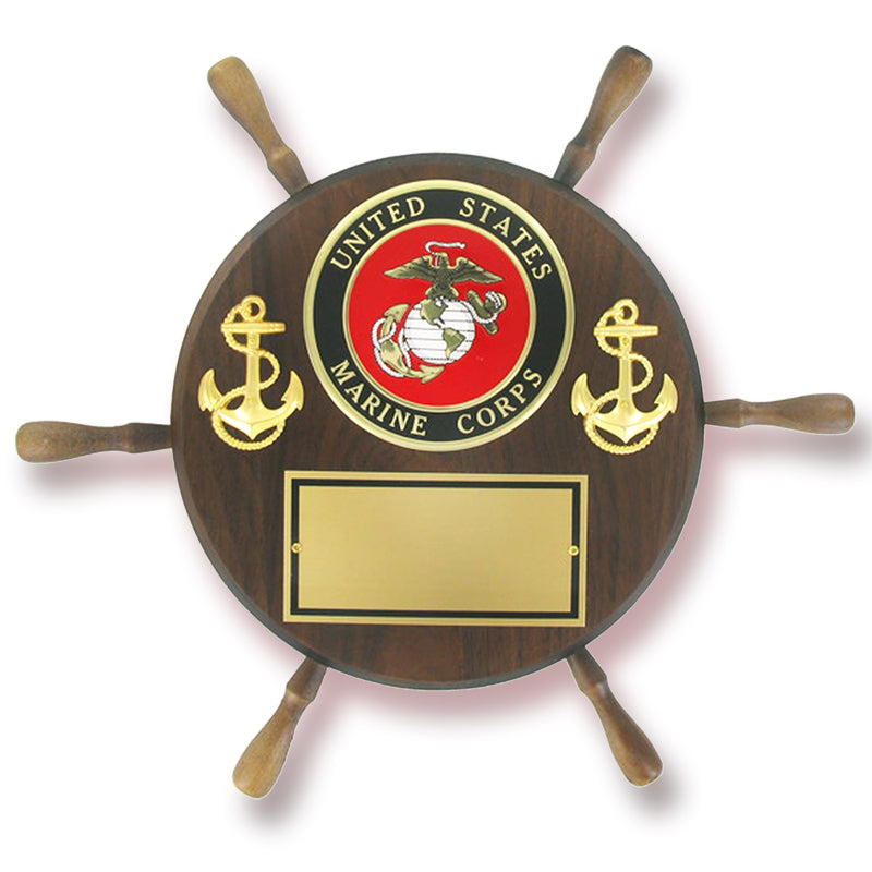 13 INCH SHIPWHEEL PLAQUE GENUINE WALNUT WITH U.S. MARINE CORPS MEDALLION GOLD ENGRAVING PLATE