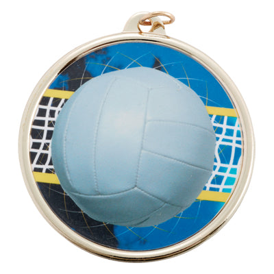 2-1/4 Inch in Diameter Round Volleyball Themed Gold and Mylar Sports Medal with Customizable Back
