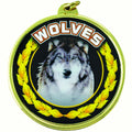 2-1/4 Inch in Diameter Round 'Wolves' Themed Mylar and Gold Sports Medal with Customizable Back