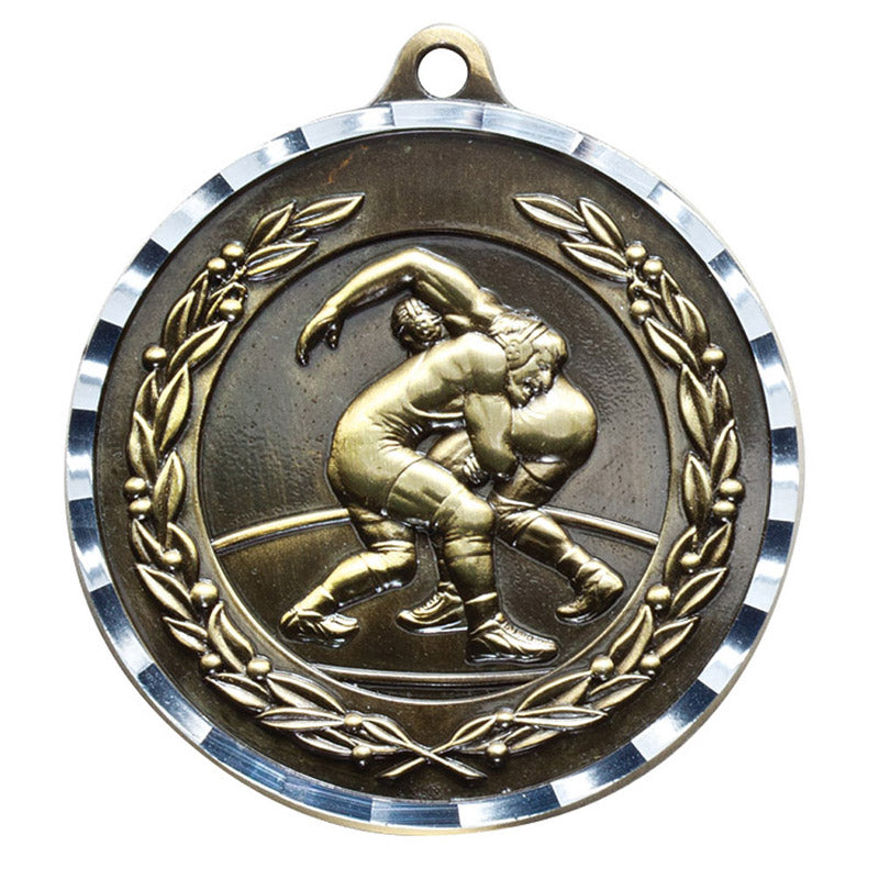 2 Inch Wrestling Themed Brass Medal in Gold, Silver, or Bronze with Customizable Back