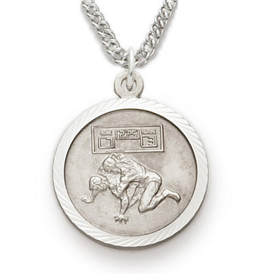 3/4 Inch Mens Wrestling Themed St. Christopher Medal in Sterling Silver