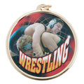 2-1/4 Inch in Diameter Round Wrestling Medal in Gold with Mylar Front Detailing and Customizable Back