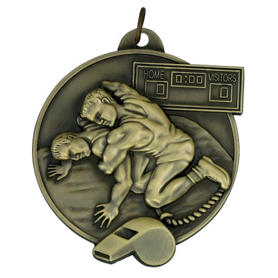 2-3/4 Inch High-Relief Sculptured Wrestling Medal in Multiple Colors